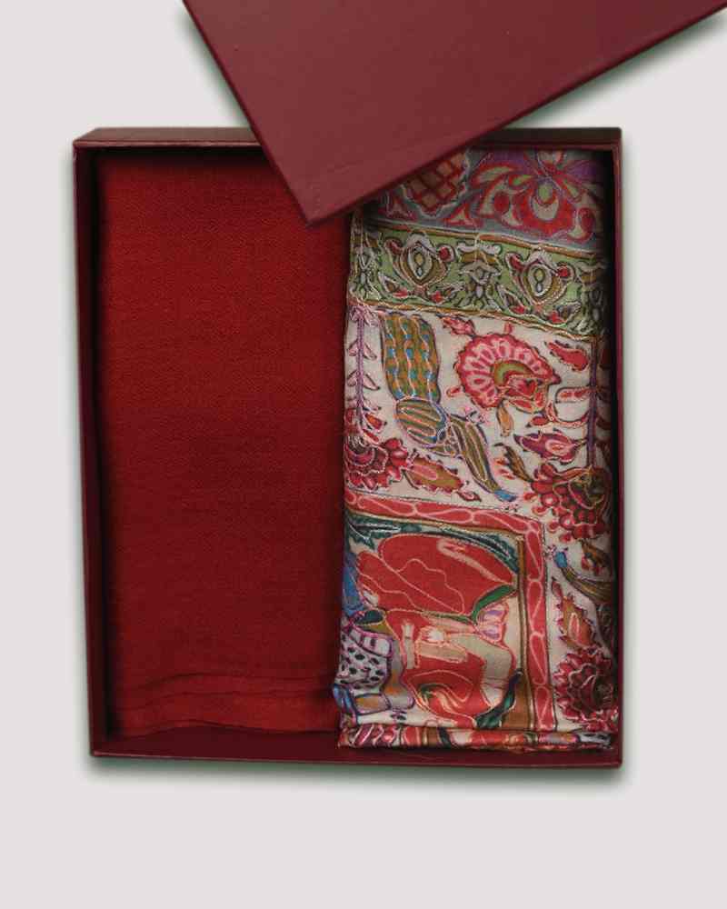 White Fine Wool Kalamkari Embroidery Shawl & Maroon Fine Wool Diamond Weave Muffler Combo
